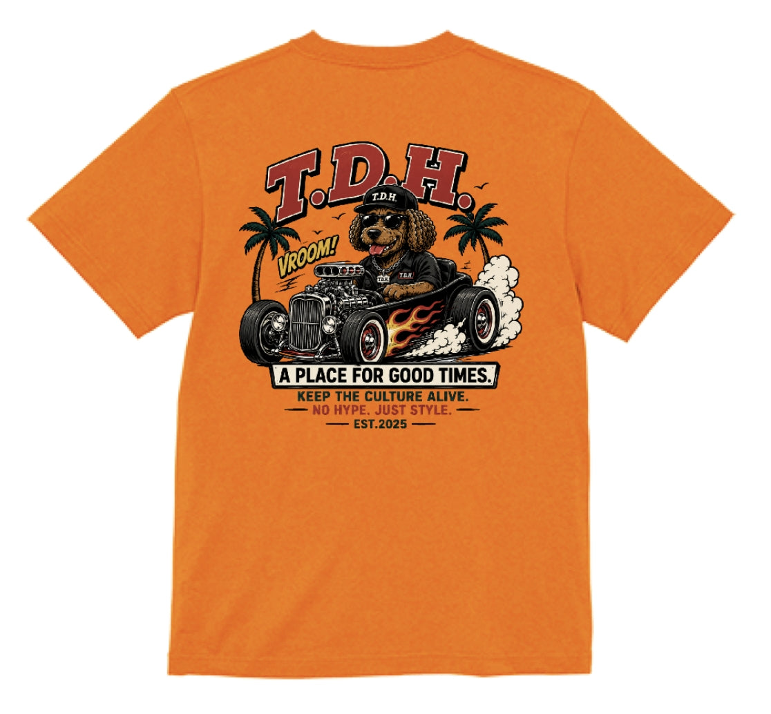 THE DOPE HANGOUT HOT ROD DOG TEE オレンジ