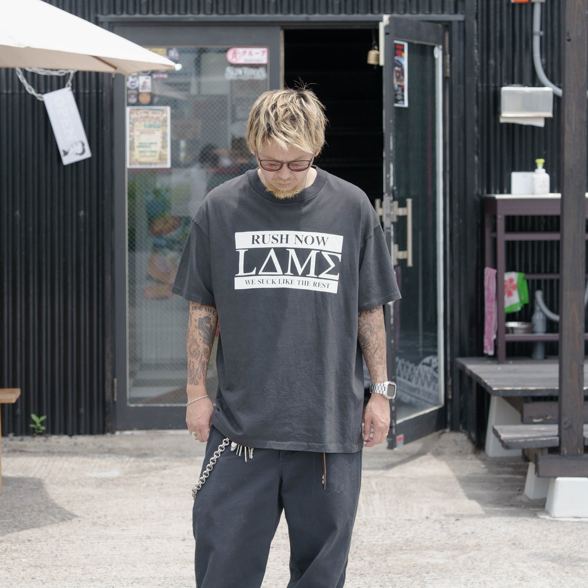 【No.53 90’s “Hanes BEEFY-T” 「LΔΜΣ」パロディ ヴィンテージTシャツ / チャコールブラック [XL]】