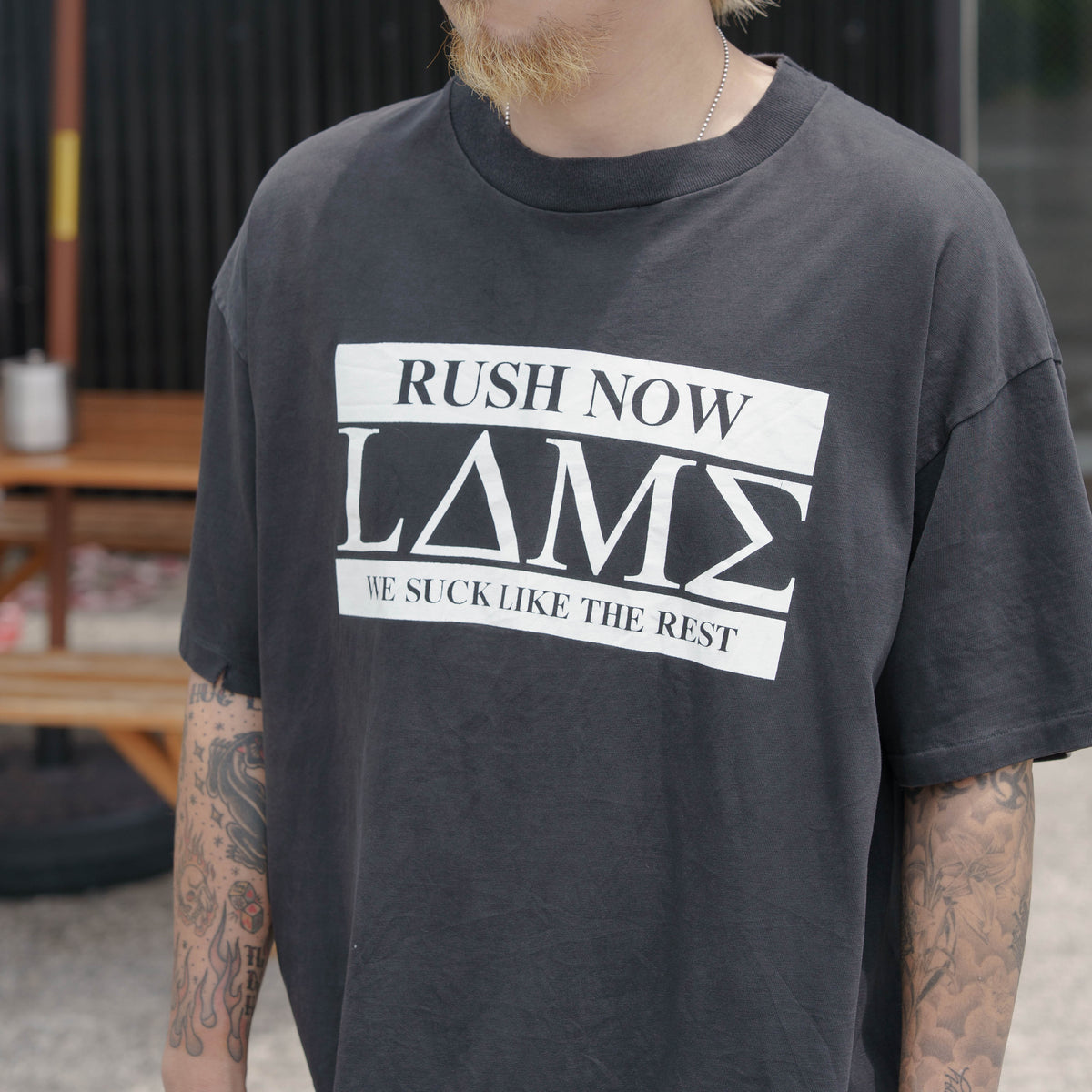 【No.53 90’s “Hanes BEEFY-T” 「LΔΜΣ」パロディ ヴィンテージTシャツ / チャコールブラック [XL]】