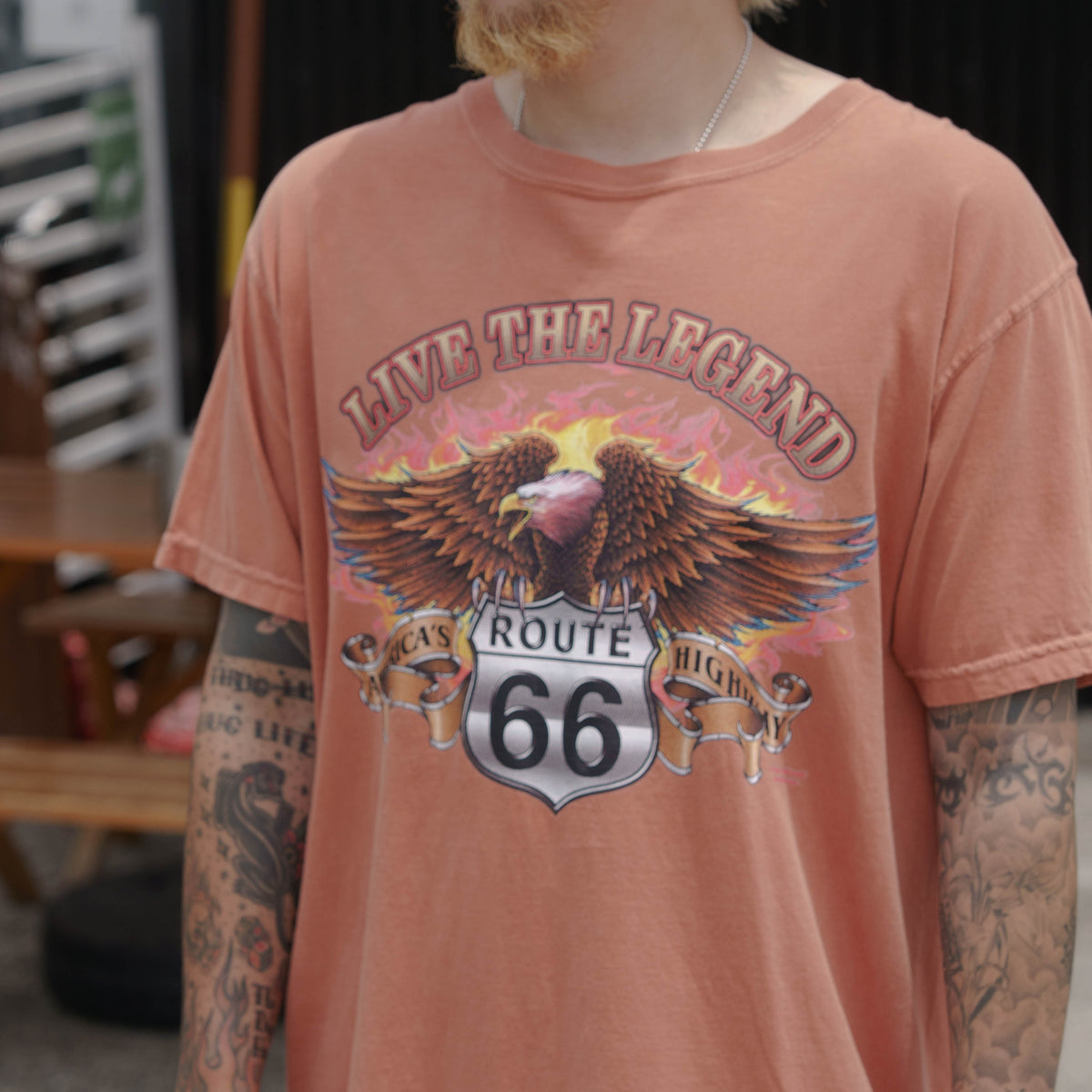 【No.57 “COMFORT COLORS” ROUTE 66×アンセムイーグル バイカーTシャツ / サーモンピンク（テラコッタ） [L]】
