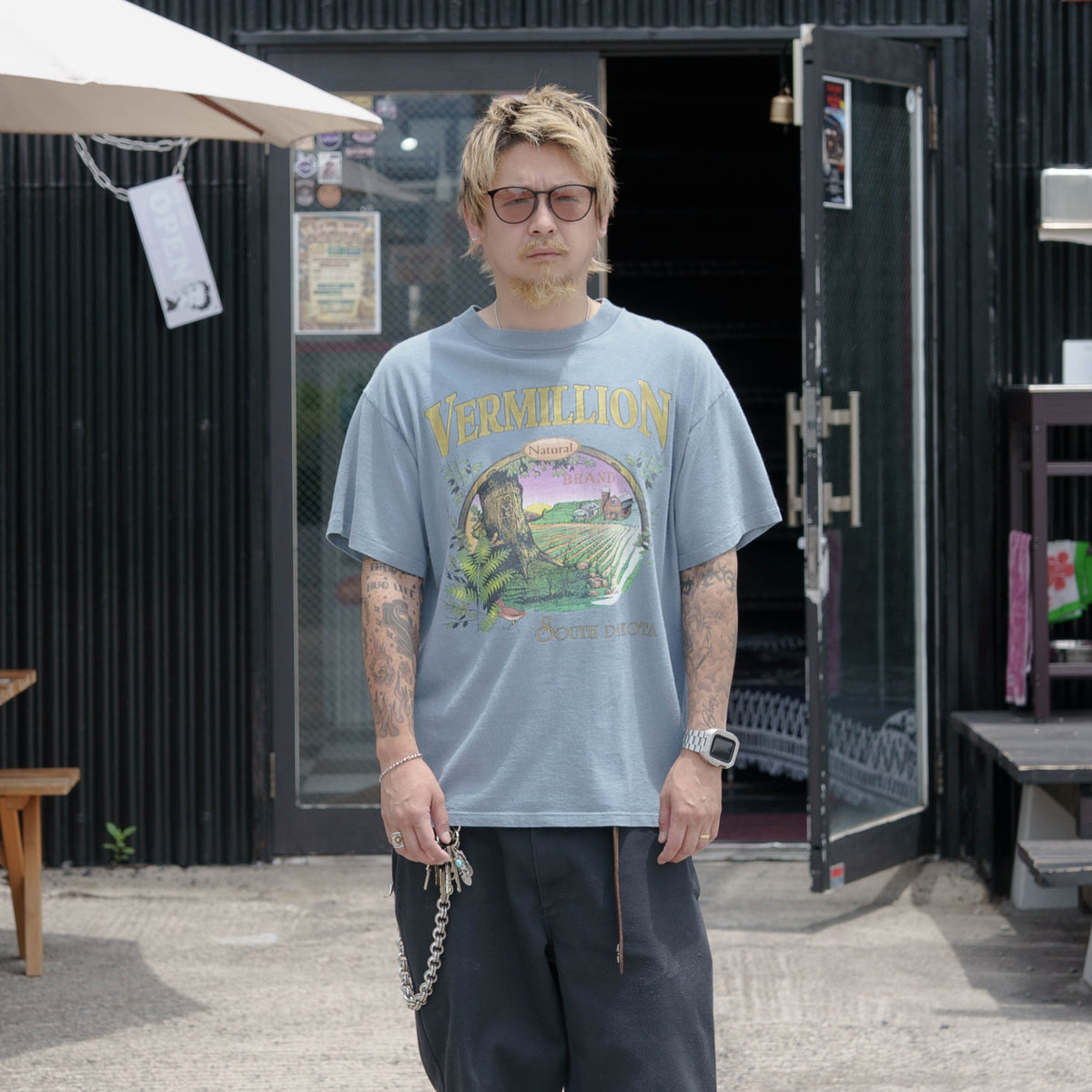 【No.59 90s “H.L. MILLER” VERMILLION ネイチャーグラフィックTシャツ / スモーキーブルー [L相当]】