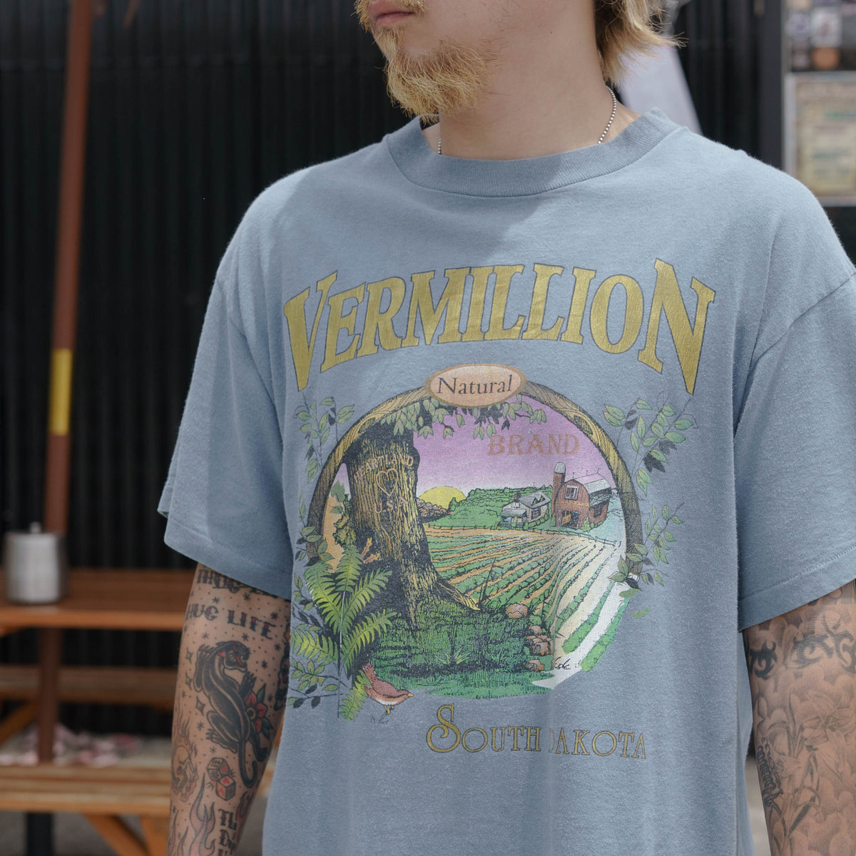 【No.59 90s “H.L. MILLER” VERMILLION ネイチャーグラフィックTシャツ / スモーキーブルー [L相当]】