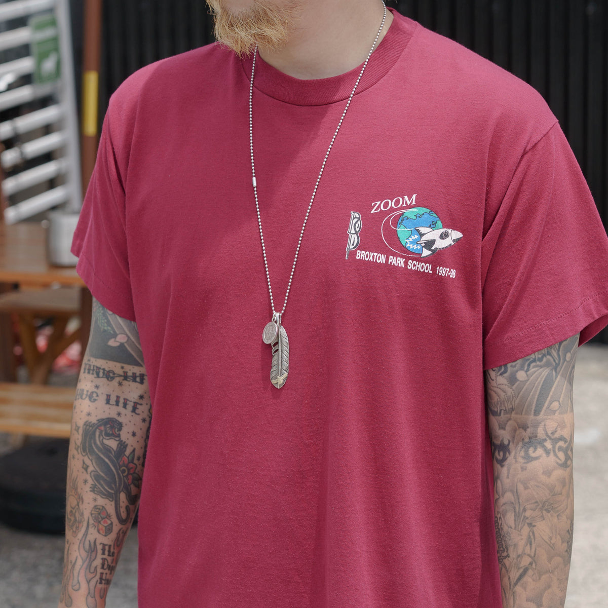【No.60 90s “FRUIT OF THE LOOM” School Rocket シングルステッチTシャツ / バーガンディ [L]】